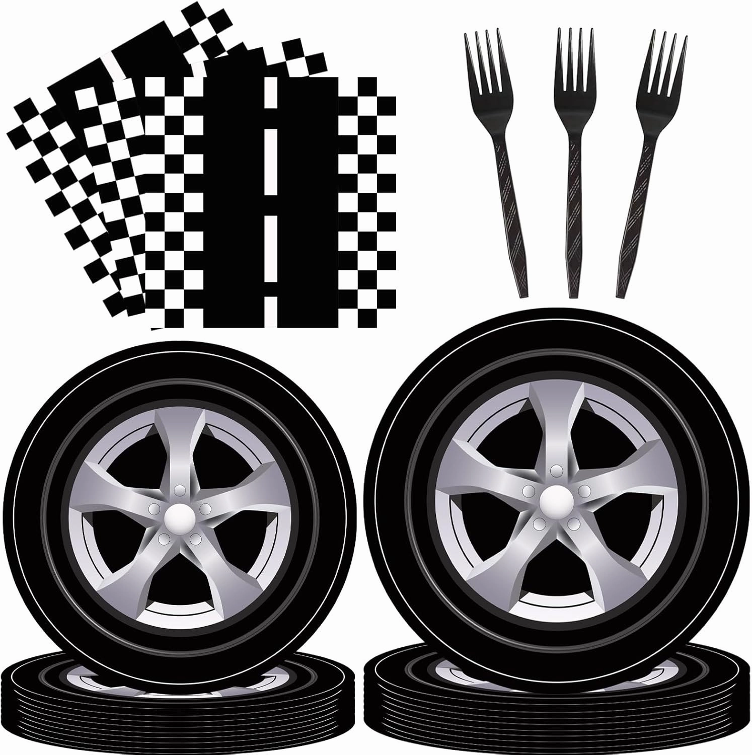 96 Pcs Race Car Party Plates and Napkins Set Include Wheels Track Napkins Black Forks, Disposable Racing Themed Birthday Dinnerware for Boys Birthday Decorations, Serves 24