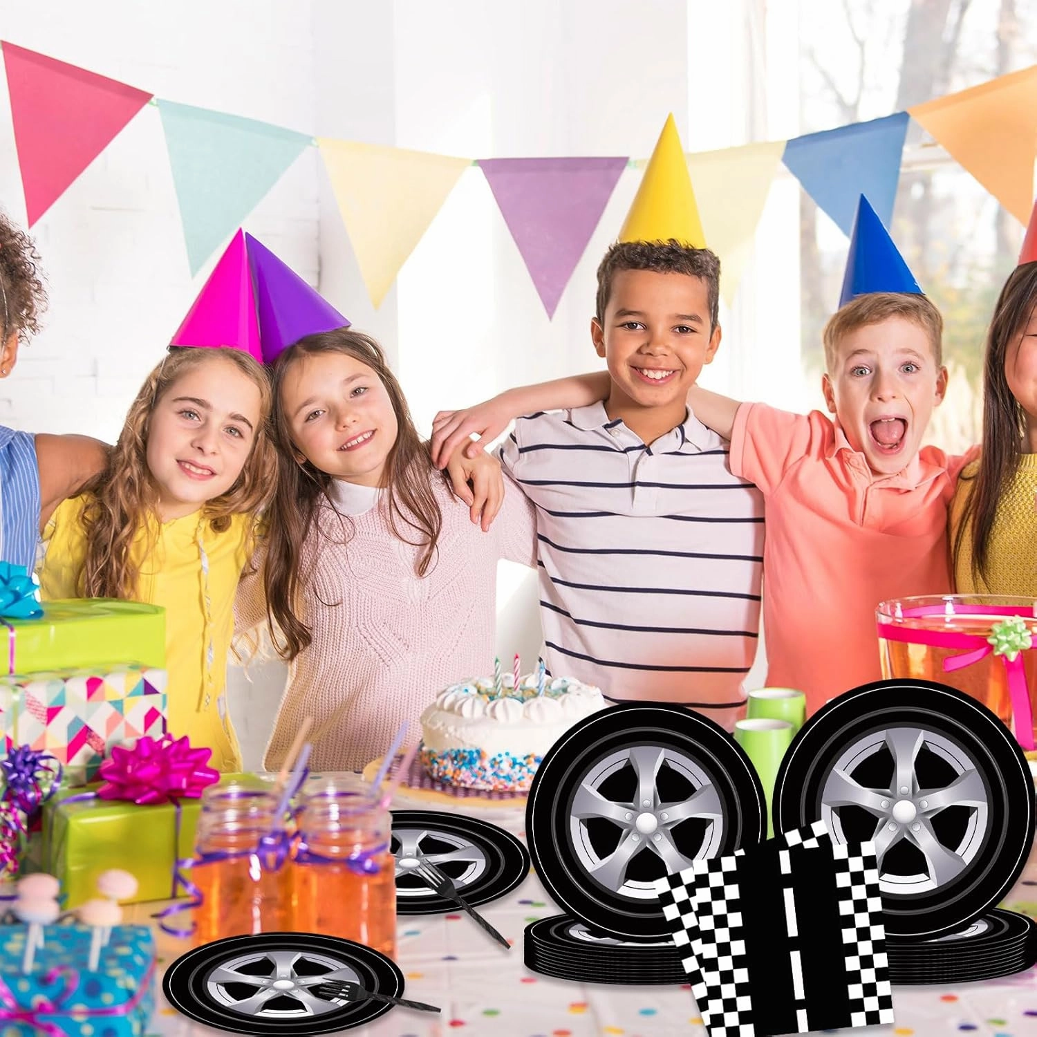 96 Pcs Race Car Party Plates and Napkins Set Include Wheels Track Napkins Black Forks, Disposable Racing Themed Birthday Dinnerware for Boys Birthday Decorations, Serves 24