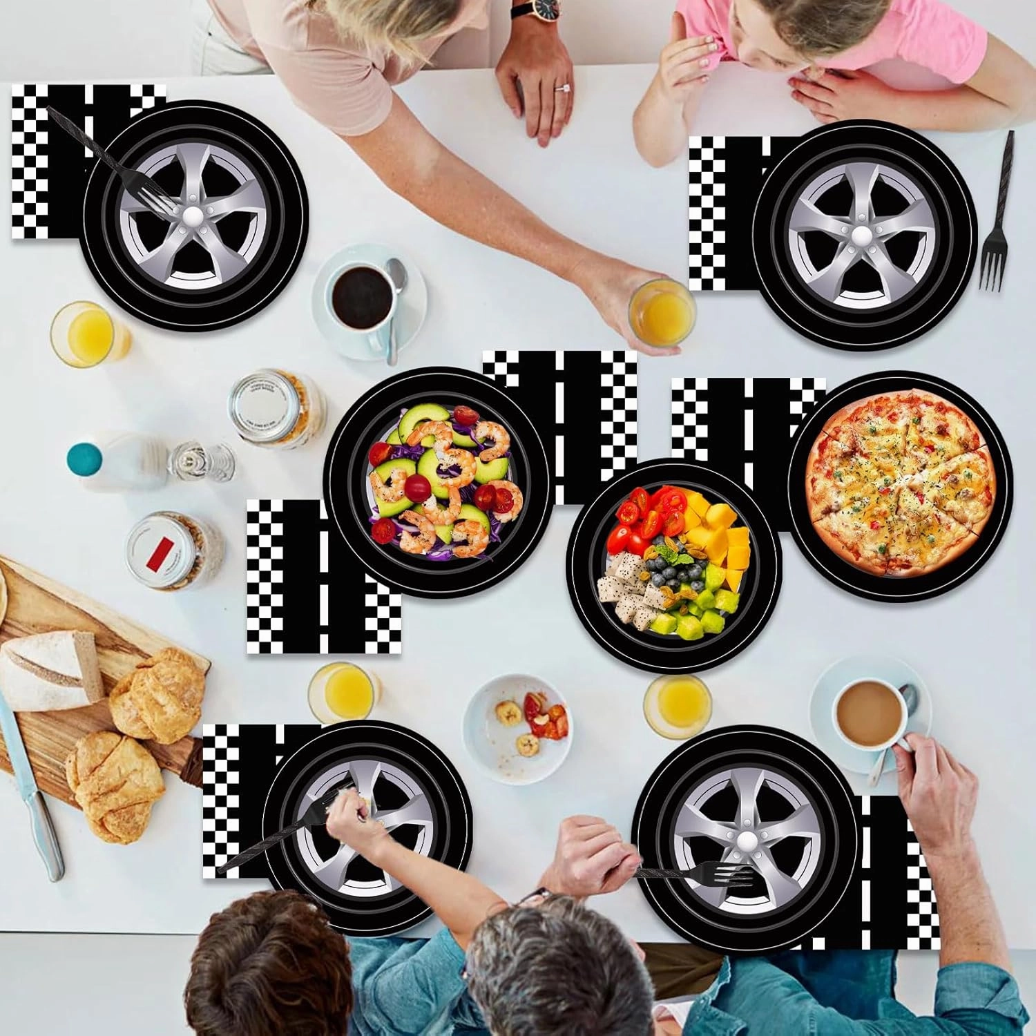 96 Pcs Race Car Party Plates and Napkins Set Include Wheels Track Napkins Black Forks, Disposable Racing Themed Birthday Dinnerware for Boys Birthday Decorations, Serves 24