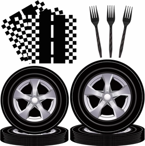 96 Pcs Race Car Party Plates and Napkins Set Include Wheels Track Napkins Black Forks, Disposable Racing Themed Birthday Dinnerware for Boys Birthday Decorations, Serves 24