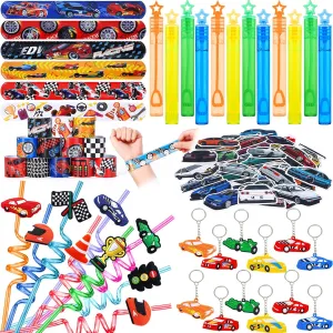 98 Pcs Race Car Party Favors Racecar Birthday Supplies Straw Bubble Slap Band Sticker Racing Toy Gift Boy Girl Goodie Bag Stuffer Cars Party Favors for Kids 3-5 4-8