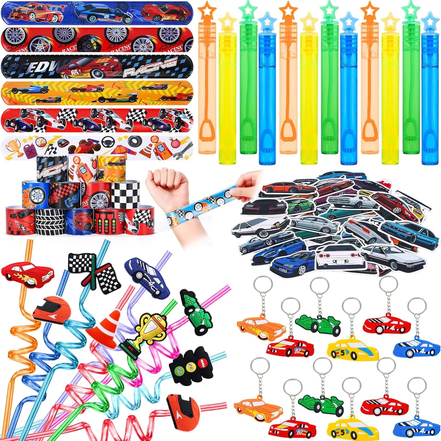 98 Pcs Race Car Party Favors Racecar Birthday Supplies Straw Bubble Slap Band Sticker Racing Toy Gift Boy Girl Goodie Bag Stuffer Cars Party Favors for Kids 3-5 4-8