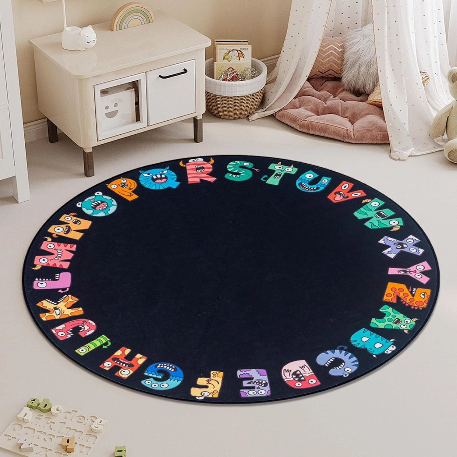 ABC Alphabet Rug for Kids, Classroom Playmat 5ft Non-Slip Circle Rugs for playroom, Round Area Rug for Elementary Classroom, Play Carpet for Boys Girls Bedrooms Playroom,Nursery Rugs-Black