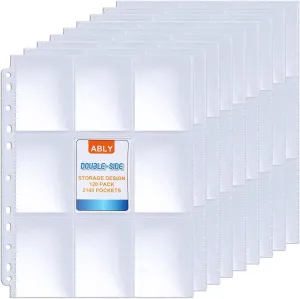 ABLY 120 Pages Double-Sided Trading Card Pages Sleeves 9-Pocket Clear Plastic Game Card Protectors for Skylanders, Pokemon, Baseball Cards and More, Fit 3 Ring Binder