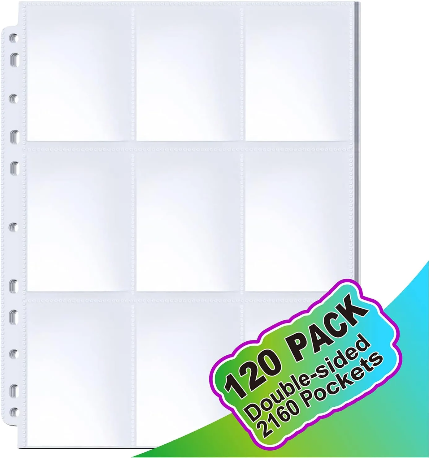 ABLY 120 Pages Double-Sided Trading Card Pages Sleeves 9-Pocket Clear Plastic Game Card Protectors for Skylanders, Pokemon, Baseball Cards and More, Fit 3 Ring Binder