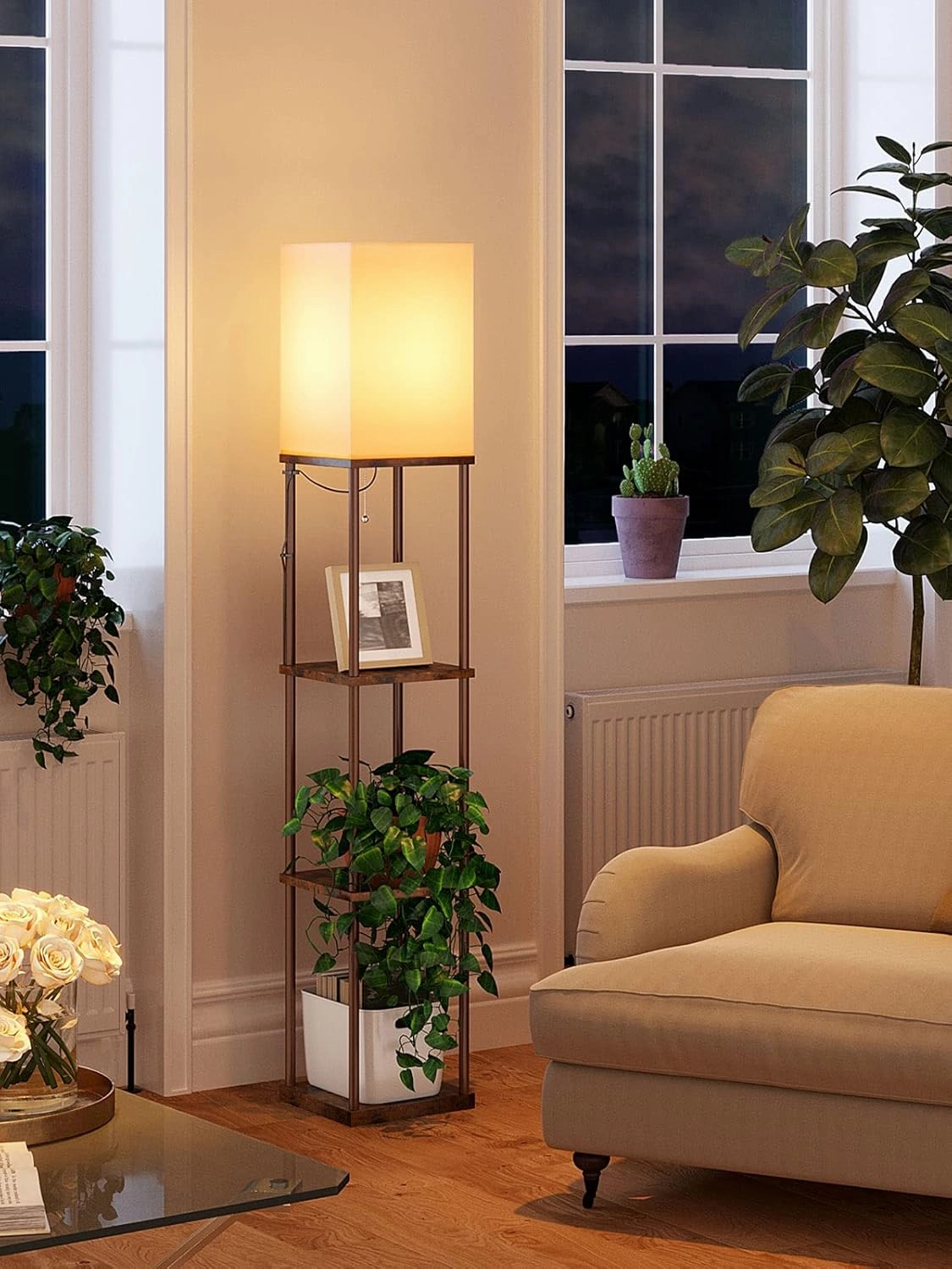 addlon Floor Lamp with Shelves, 4-Tier Modern Shelf Floor Lamp with 3CCT LED Bulb, Display Lamp for Living Room, Bedroom and Office - Brown