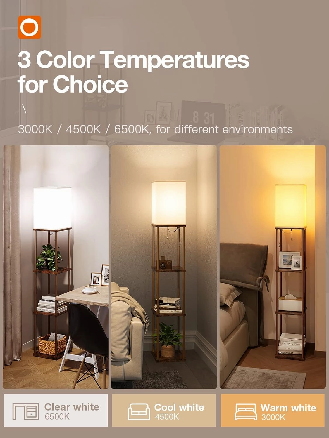 addlon Floor Lamp with Shelves, 4-Tier Modern Shelf Floor Lamp with 3CCT LED Bulb, Display Lamp for Living Room, Bedroom and Office - Brown
