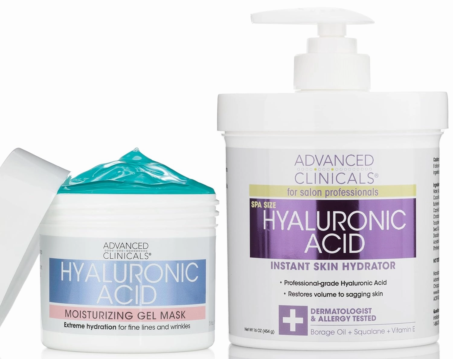 Advanced Clinicals Hyaluronic Acid Hydrating Cream   Hyaluronic Acid Moisturizing Gel Face Mask Set