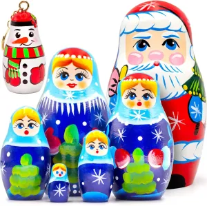 AEVVV Holiday Matryoshka Dolls - Snow Maiden Christmas Nesting Dolls Set of 5 pcs - Santa Nesting Doll and Keychain Snowman - Christmas Decorations Home Decor