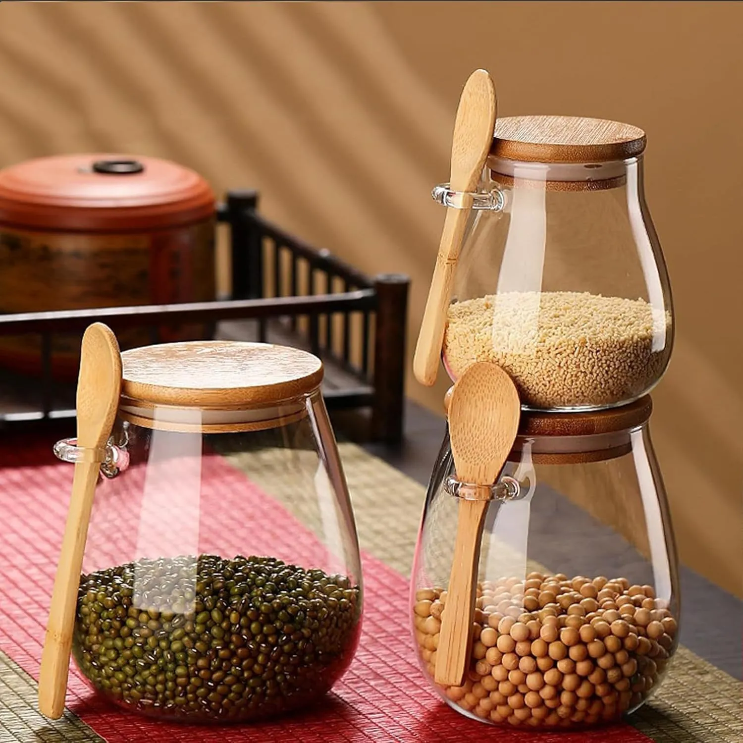 Airtight glass jar storage container with bamboo lid Set of 2, wide mouth, leak-proof, With a spoon, can be used for coffee beans, tea leaves, grains, dried fruits, etc (Middle)