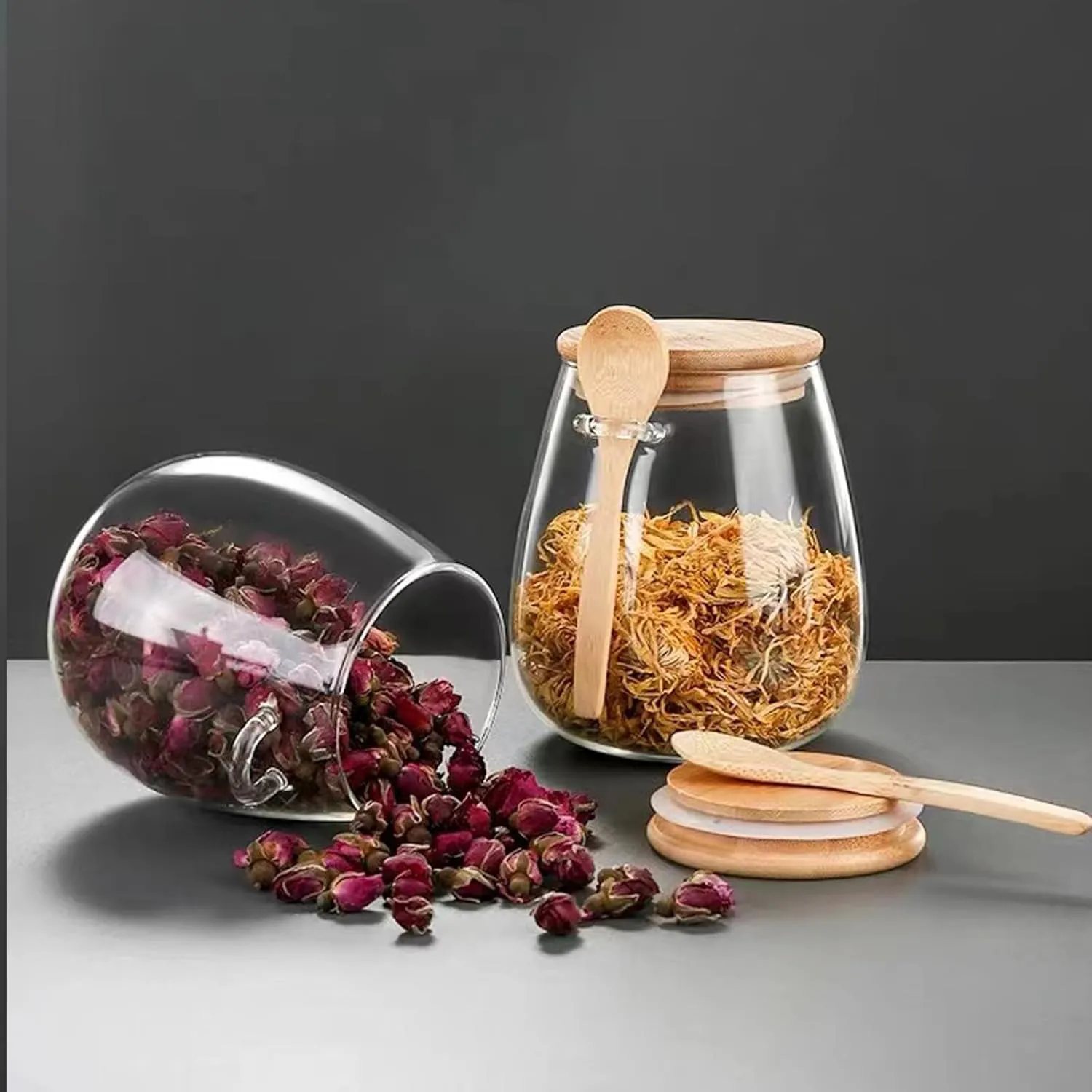 Airtight glass jar storage container with bamboo lid Set of 2, wide mouth, leak-proof, With a spoon, can be used for coffee beans, tea leaves, grains, dried fruits, etc (Middle)