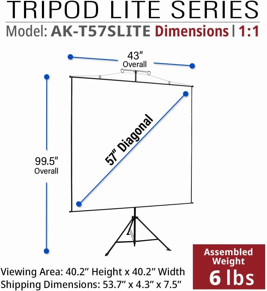 Akia Screens 57 inch Portable Projector Screen with Tripod Stand and Carry Bag, 1:1 4:3 16:9 4K 8K HD 3D Indoor Outdoor Movie Projection Screen for Home Theater Office, AK-T57SLITE Black