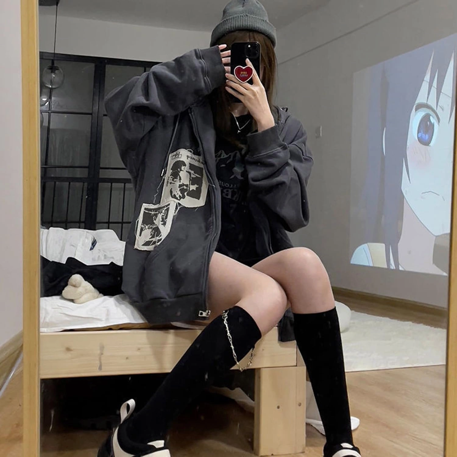 Alt Emo Clothes Women Oversized Zip Up Hoodies Rhinestone Y2k Aesthetic Skeleton Sweatshirts Grunge Gothic Jacket Streetwear