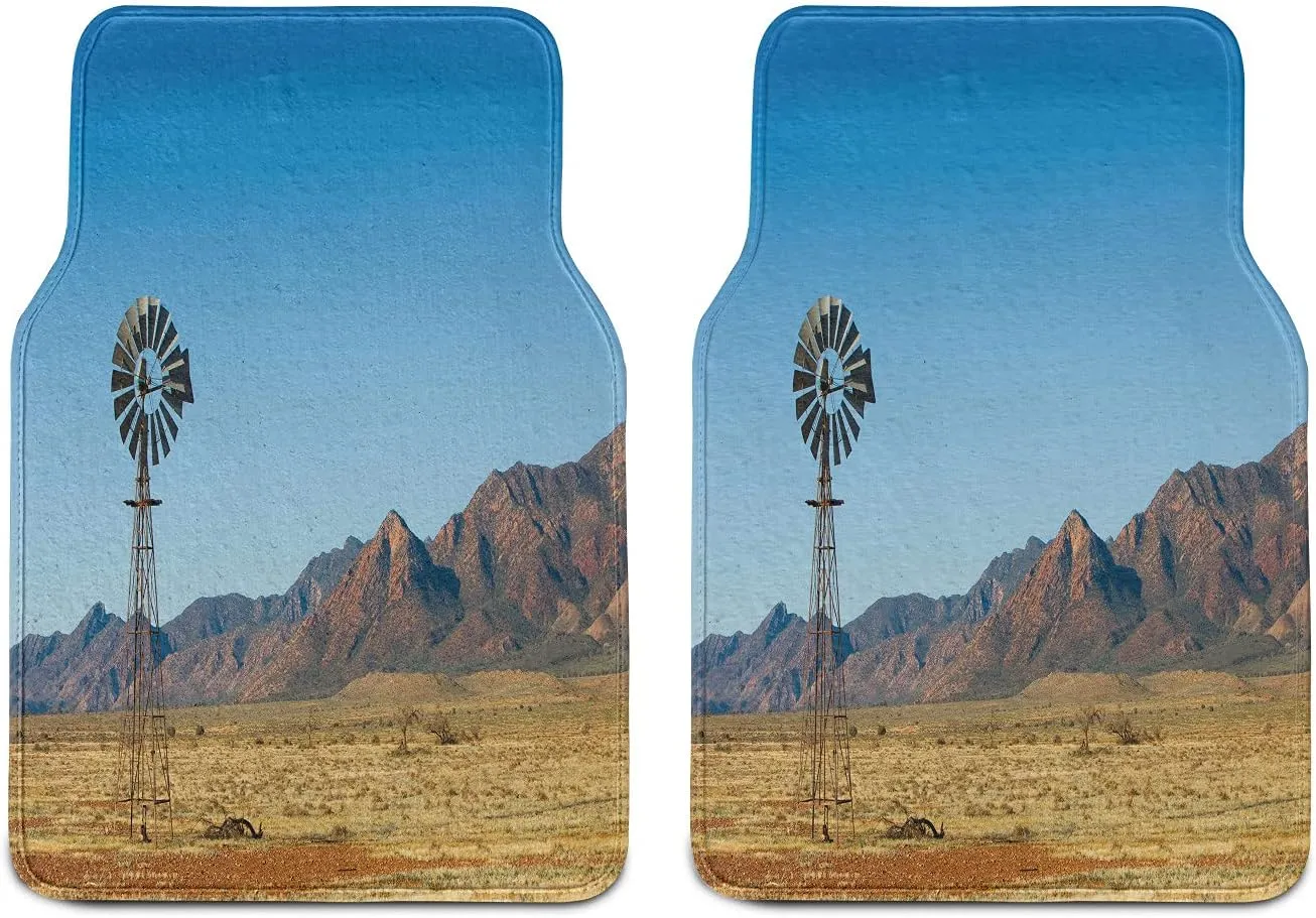 Ambesonne Windmill Car Mat Set of 2, Flinders Ranges South Australia Mountains Barren Land Summer, Front Seat Floor Mat Durable PVC Backing Accesory, 27.5" x 17.9", Earth Yellow Pale Blue