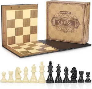 AMEROUS Upgraded Weighted Chess Pieces with 3.0 Inch King/Extra Bonus Folding Portable 15 inch Chess Board / 2 Extra Queens / 2 Storage Bag for Chessmen/Chess Board Game for Beginner
