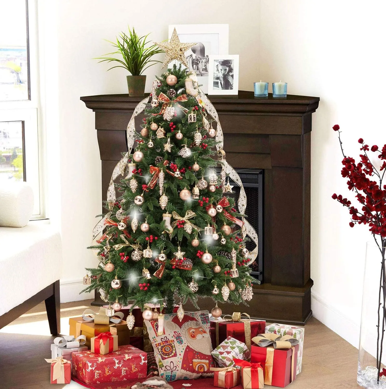 AMS 90ct Christmas Ball Assorted Pendants Shatterproof Tree Ornaments Seasonal Decorations in a Reusable Hand-Help Gift Box Ideal for Holiday and Party (Champagne, 90ct)