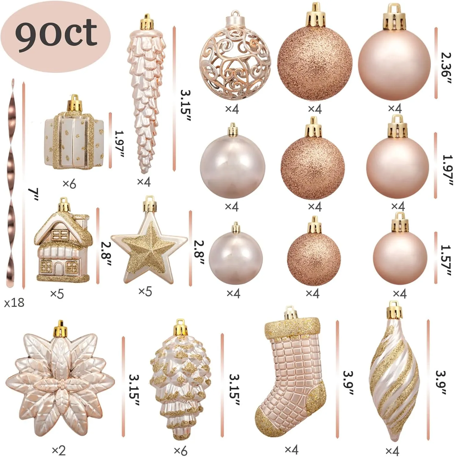 AMS 90ct Christmas Ball Assorted Pendants Shatterproof Tree Ornaments Seasonal Decorations in a Reusable Hand-Help Gift Box Ideal for Holiday and Party (Champagne, 90ct)