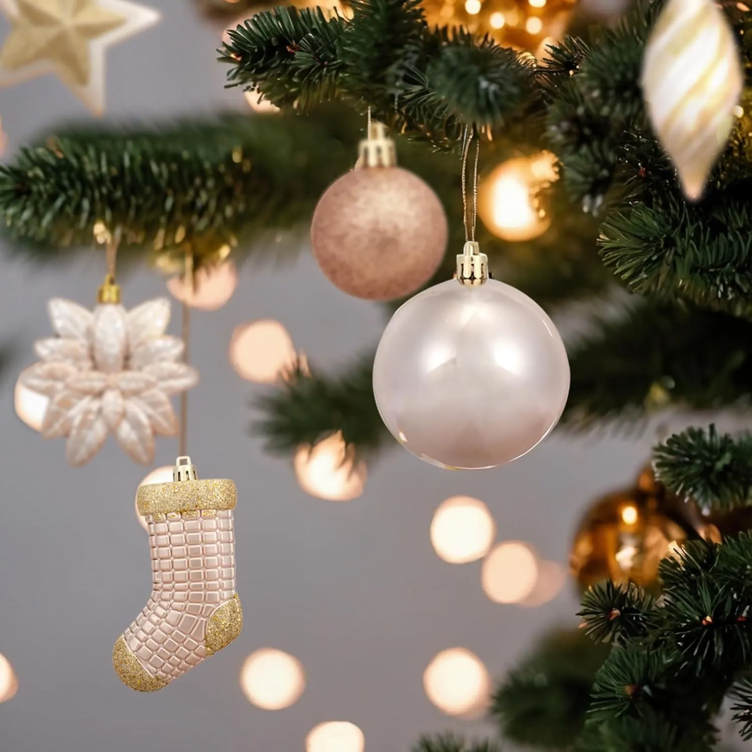 AMS 90ct Christmas Ball Assorted Pendants Shatterproof Tree Ornaments Seasonal Decorations in a Reusable Hand-Help Gift Box Ideal for Holiday and Party (Champagne, 90ct)