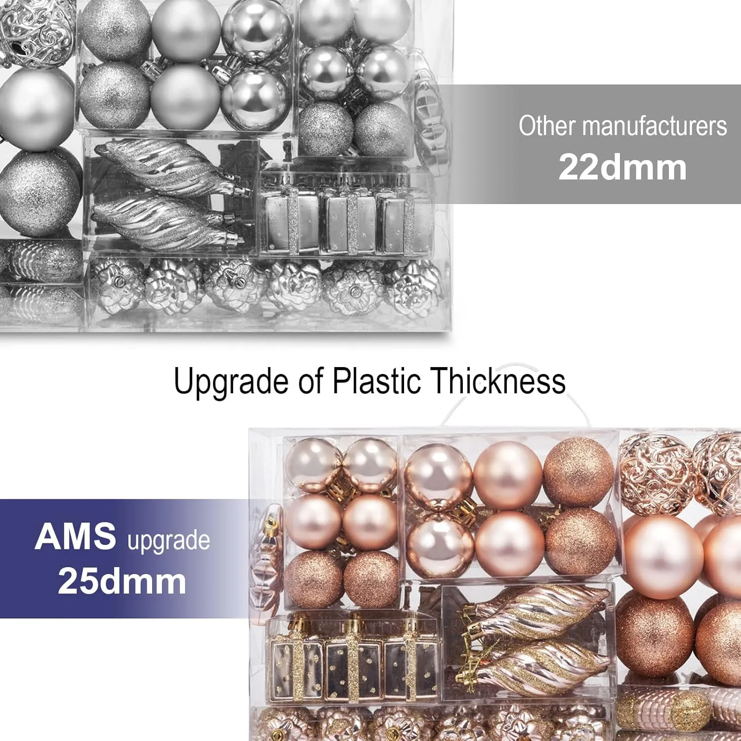 AMS 90ct Christmas Ball Assorted Pendants Shatterproof Tree Ornaments Seasonal Decorations in a Reusable Hand-Help Gift Box Ideal for Holiday and Party (Champagne, 90ct)