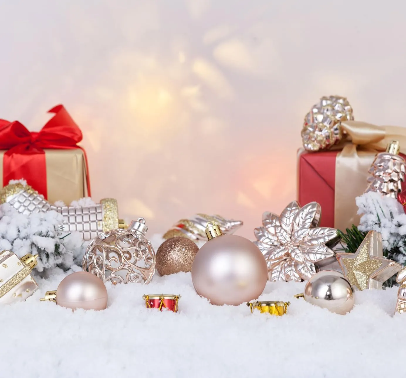 AMS 90ct Christmas Ball Assorted Pendants Shatterproof Tree Ornaments Seasonal Decorations in a Reusable Hand-Help Gift Box Ideal for Holiday and Party (Champagne, 90ct)