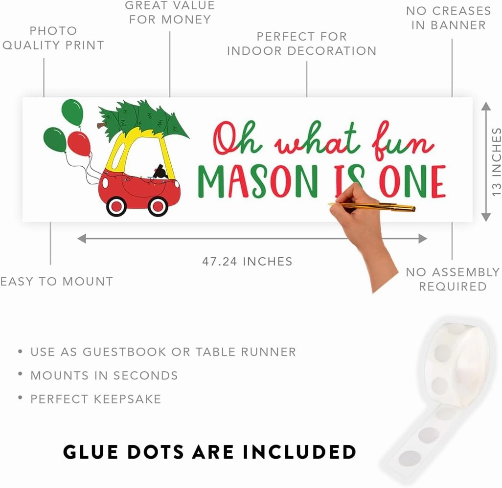 Andaz Press 13x48-Inch Personalized Oh What Fun It is to Be One Birthday Banner, Custom Christmas Birthday Party Decorations, Christmas First Birthday Decorations, Classic Toy Car Oh What Fun Banner