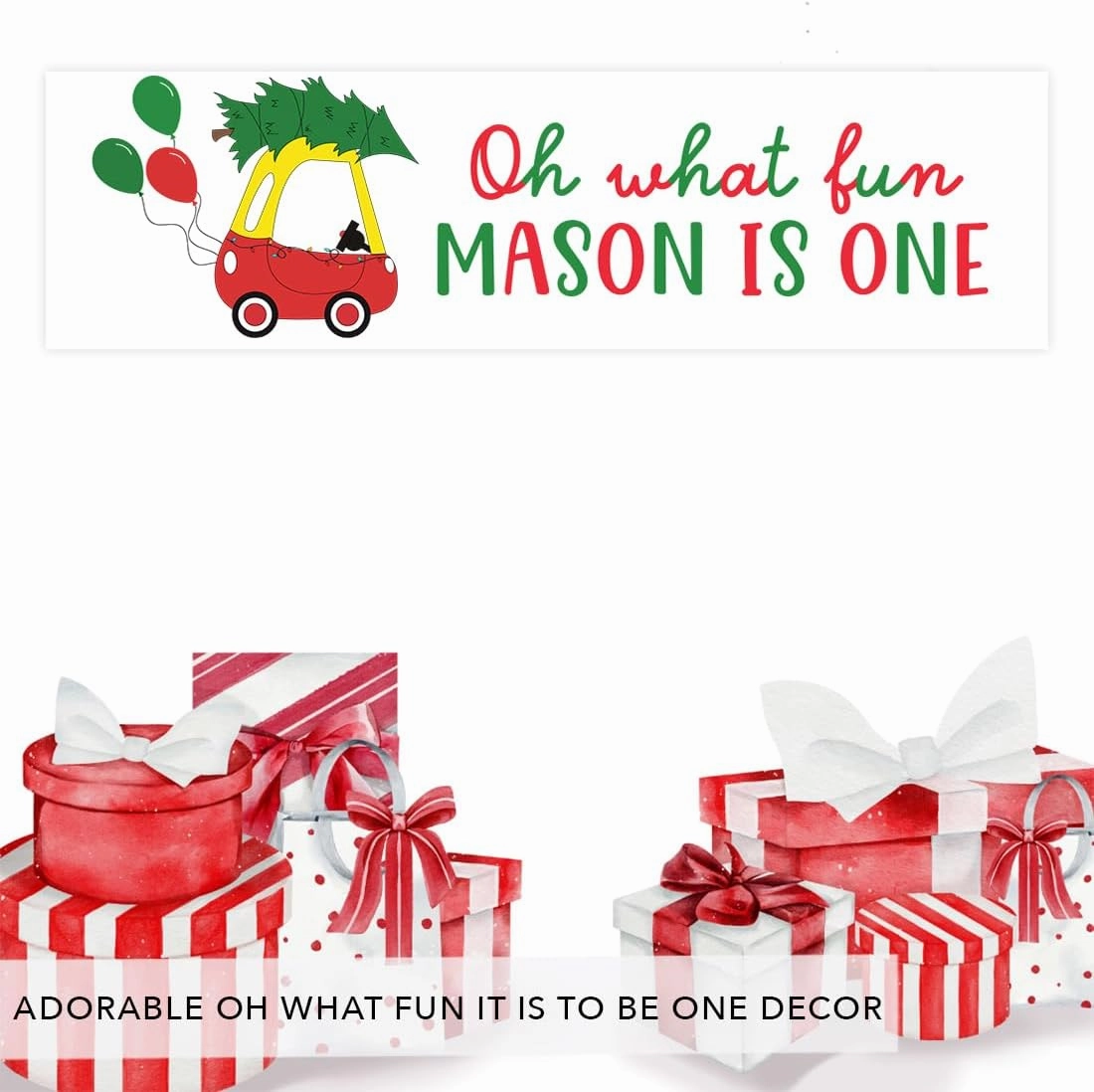 Andaz Press 13x48-Inch Personalized Oh What Fun It is to Be One Birthday Banner, Custom Christmas Birthday Party Decorations, Christmas First Birthday Decorations, Classic Toy Car Oh What Fun Banner