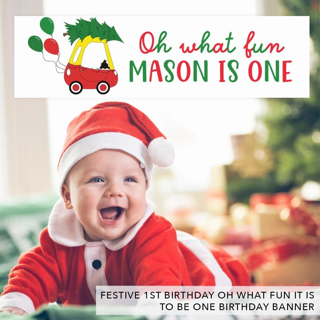 Andaz Press 13x48-Inch Personalized Oh What Fun It is to Be One Birthday Banner, Custom Christmas Birthday Party Decorations, Christmas First Birthday Decorations, Classic Toy Car Oh What Fun Banner