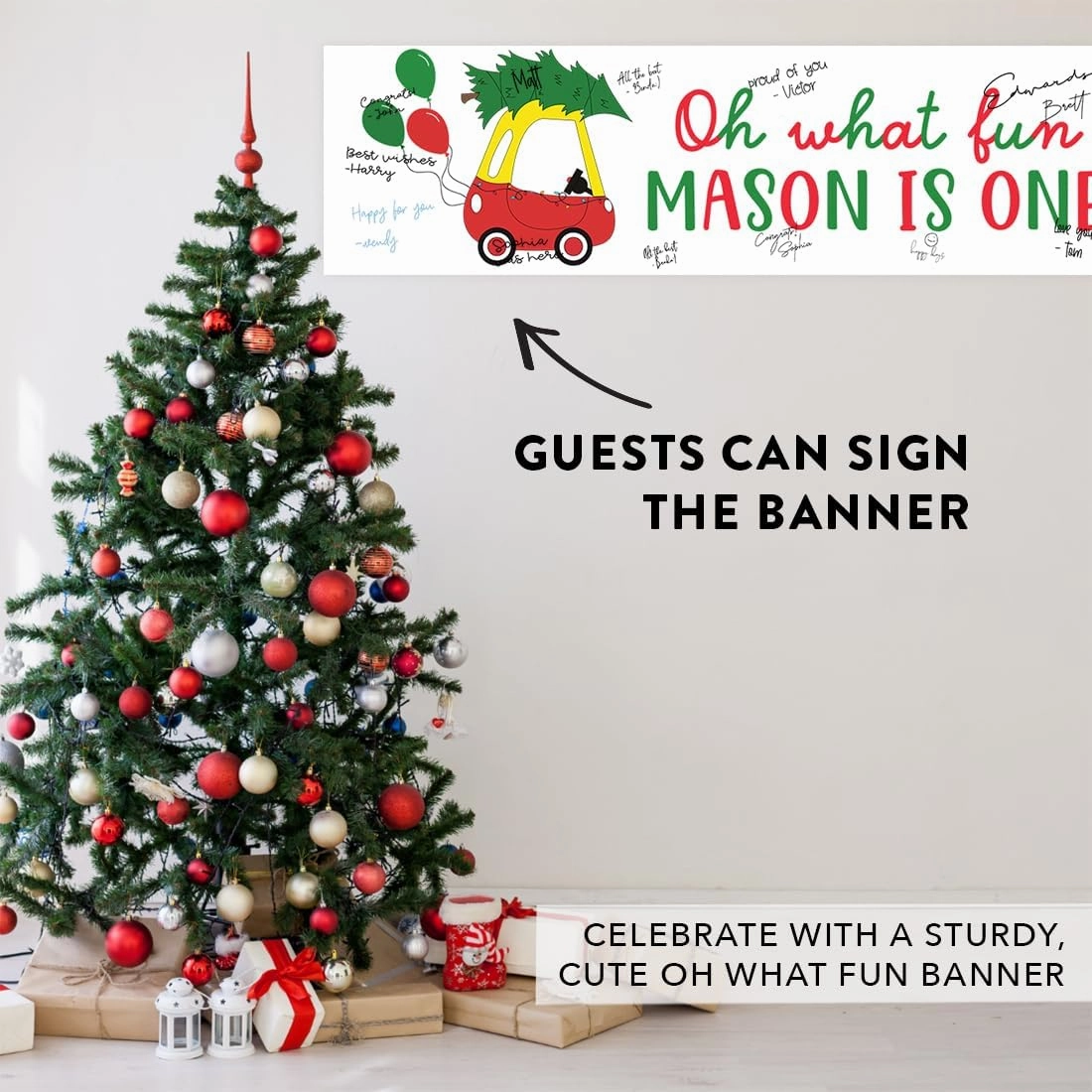 Andaz Press 13x48-Inch Personalized Oh What Fun It is to Be One Birthday Banner, Custom Christmas Birthday Party Decorations, Christmas First Birthday Decorations, Classic Toy Car Oh What Fun Banner