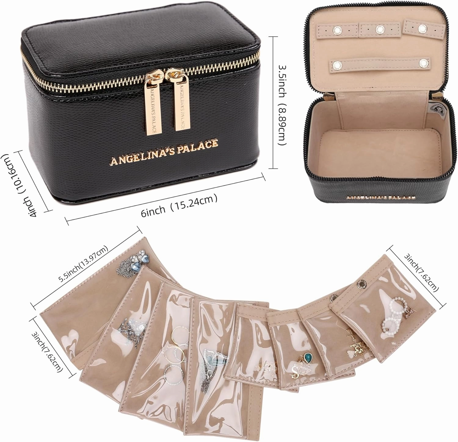 Angelina's Palace Snakeskin Pattern Jewelry Organizer Case Bridesmaid Gifts Travel Bag Vegan Leather Box for Necklace Earring Bracelet Ring(Black)