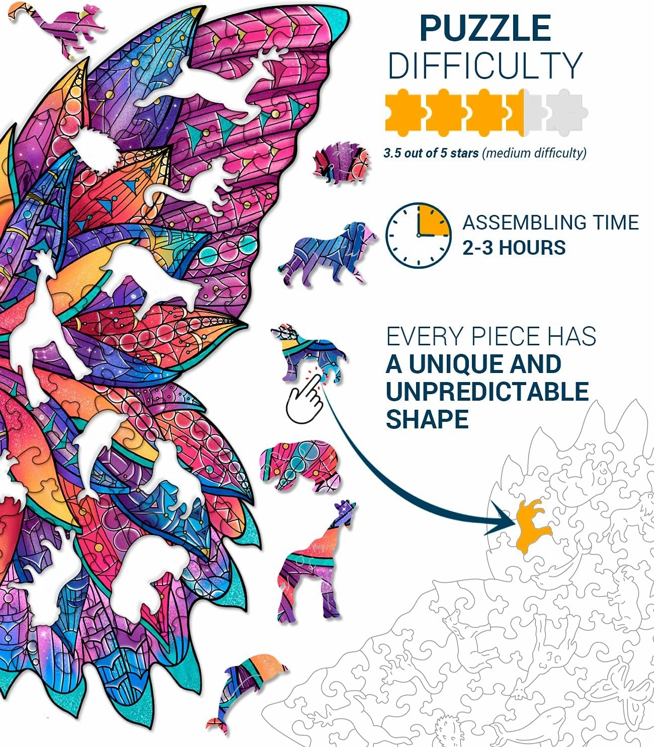 Animal Wooden Jigsaw Puzzles for Kids (12  Years) Adult, Teens, Family; Majestic Animal Shaped Natural Wood Puzzle, Medium Level, 9.8x8.2 in.(25x21 cm),100 pcs, S - Size – Butterfly