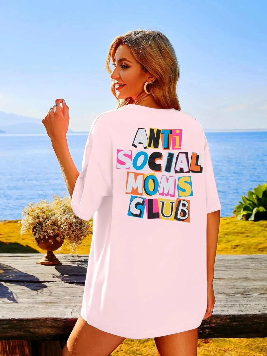 Anti Social Mom Club Shirt Oversized Mama Shirts Funny Mom Life Graphic Tee Casual Short Sleeve Tops