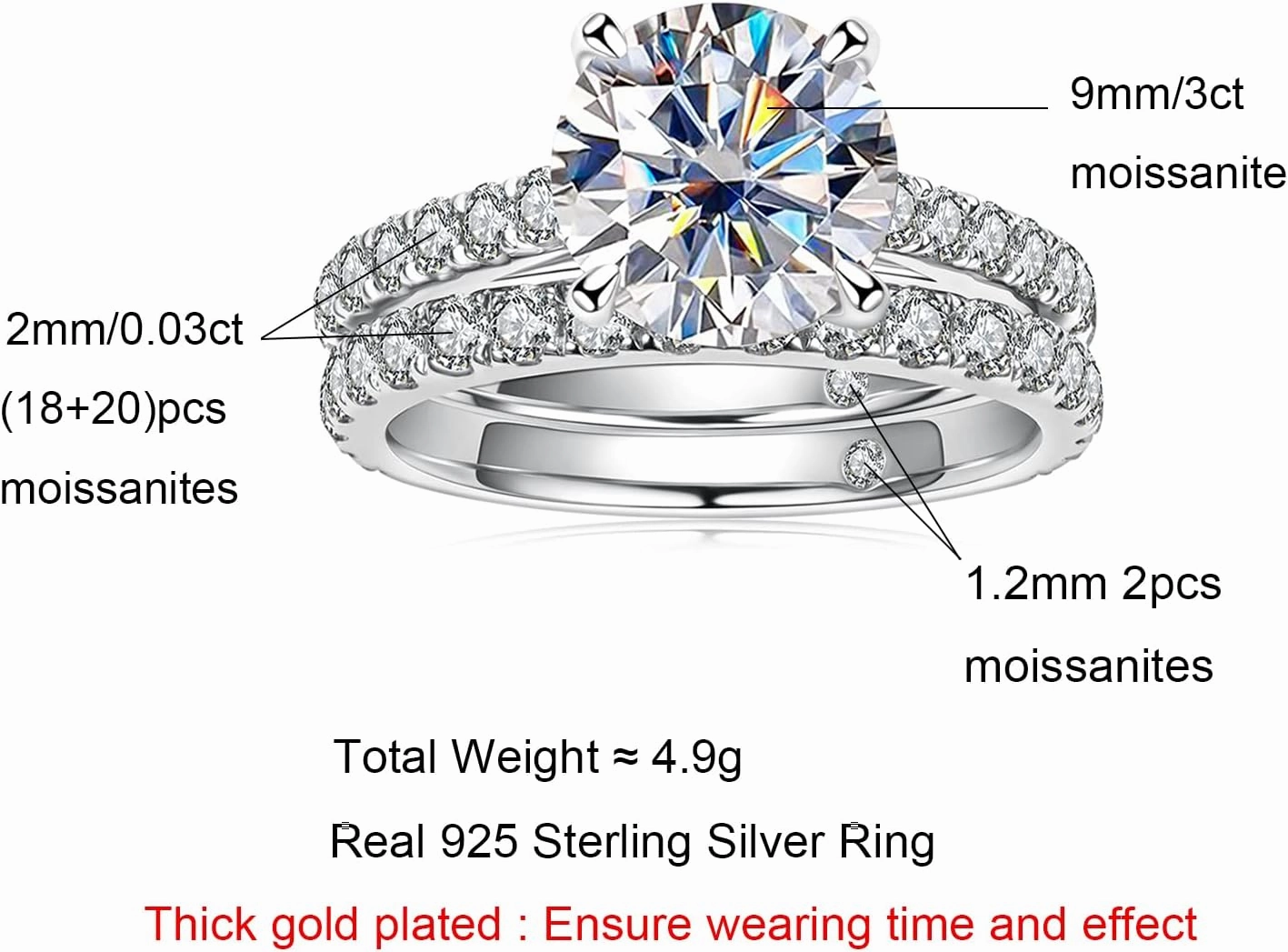 AnuClub (Total 4.14ct 3CT Center Moissanite Engagement Rings Wedding Band D Color VVS1 Round Cut 925 Sterling Silver Bridal Sets for Women