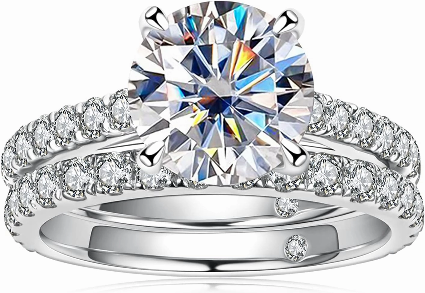 AnuClub (Total 4.14ct 3CT Center Moissanite Engagement Rings Wedding Band D Color VVS1 Round Cut 925 Sterling Silver Bridal Sets for Women