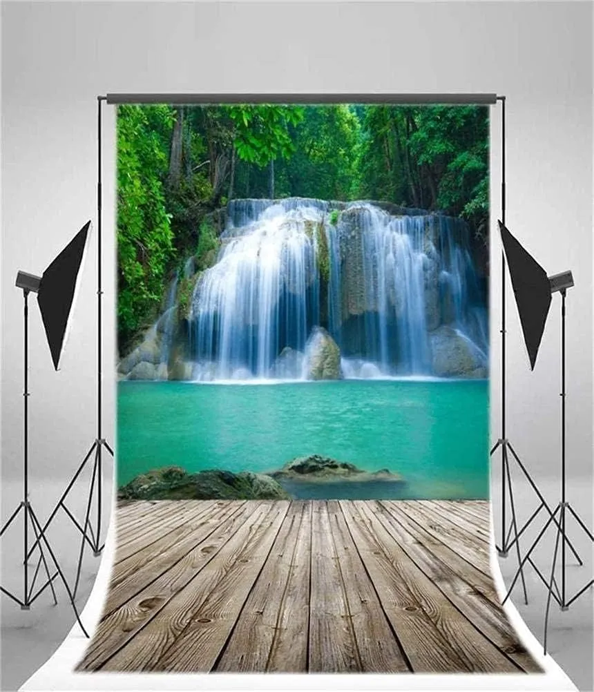 AOFOTO 5x7ft Waterfall Photography Backdrop Nature Landscape Falls Cascades Jungle Mountain Forest River Stream Lake Wooden Board Floor Background Adult Girl Boy Travel Portrait Photo Studio Props