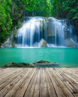 AOFOTO 5x7ft Waterfall Photography Backdrop Nature Landscape Falls Cascades Jungle Mountain Forest River Stream Lake Wooden Board Floor Background Adult Girl Boy Travel Portrait Photo Studio Props