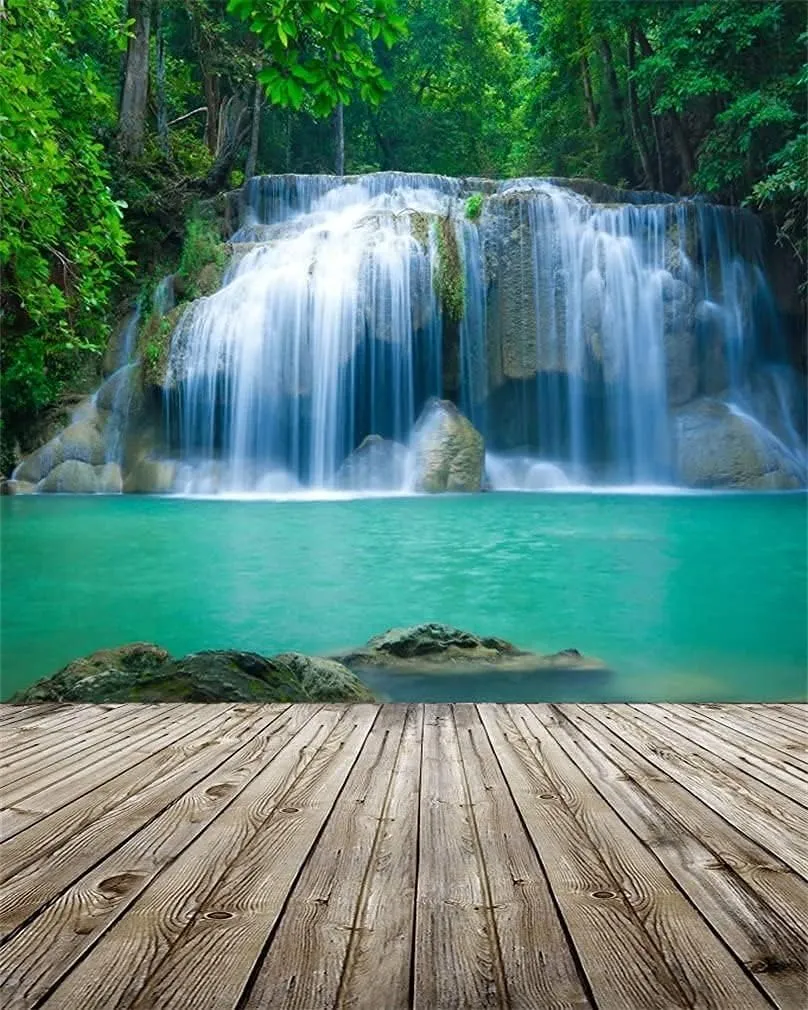 AOFOTO 5x7ft Waterfall Photography Backdrop Nature Landscape Falls Cascades Jungle Mountain Forest River Stream Lake Wooden Board Floor Background Adult Girl Boy Travel Portrait Photo Studio Props