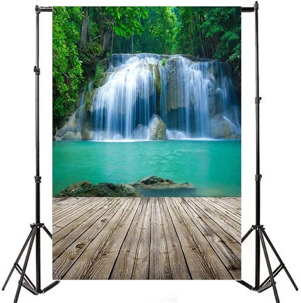 AOFOTO 5x7ft Waterfall Photography Backdrop Nature Landscape Falls Cascades Jungle Mountain Forest River Stream Lake Wooden Board Floor Background Adult Girl Boy Travel Portrait Photo Studio Props