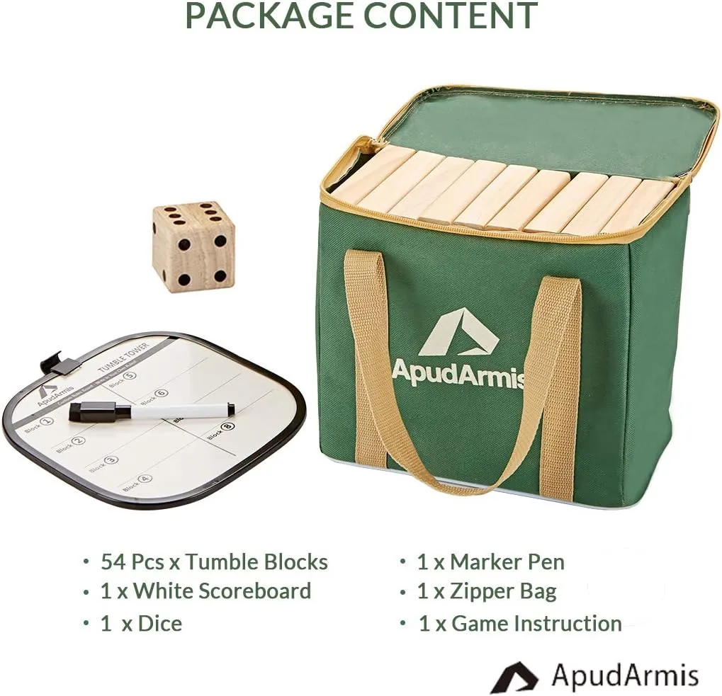ApudArmis Giant Tumble Tower (Stack from 2Ft to Over 4.2Ft), 54 PCS Pine Wooden Stacking Timber Game with 1 Dice Set - Classic Block Giant Outdoor Game for Teens Adults Family