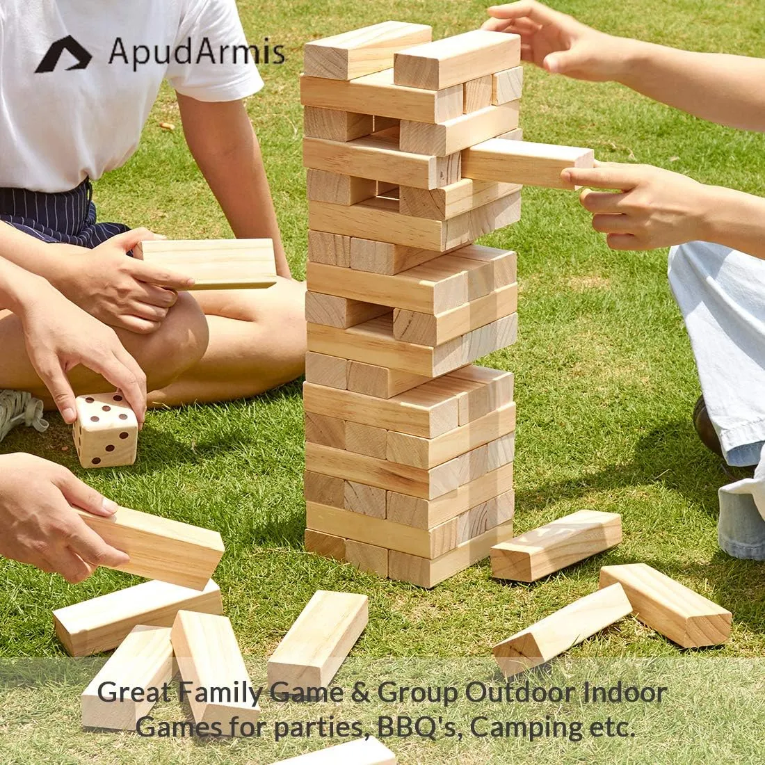 ApudArmis Giant Tumble Tower (Stack from 2Ft to Over 4.2Ft), 54 PCS Pine Wooden Stacking Timber Game with 1 Dice Set - Classic Block Giant Outdoor Game for Teens Adults Family