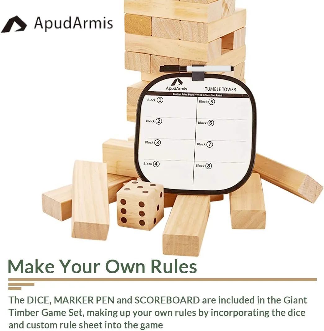 ApudArmis Giant Tumble Tower (Stack from 2Ft to Over 4.2Ft), 54 PCS Pine Wooden Stacking Timber Game with 1 Dice Set - Classic Block Giant Outdoor Game for Teens Adults Family