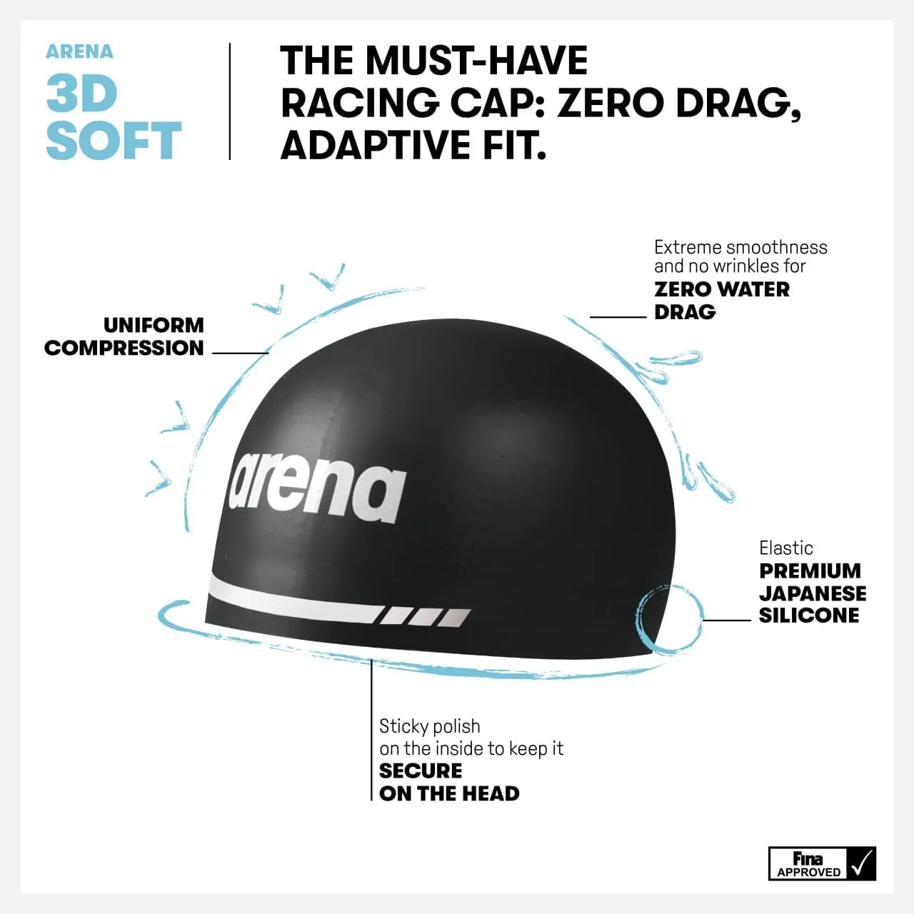 Arena 3D Soft USA Unisex Adult Silicone Swim Cap for Men and Women Swimming Training Racing Bathing Cap Competitive Swimmers