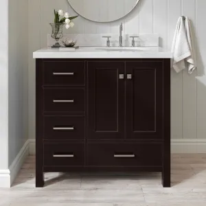ARIEL 37" Espresso Bathroom Vanity with 1.5" Edge Italian Carrara Marble Countertop & Backsplash, Right Oval Sink, 2 Soft Closing Doors, 5 Full Extension Dovetail Drawers, Brushed Nickel
