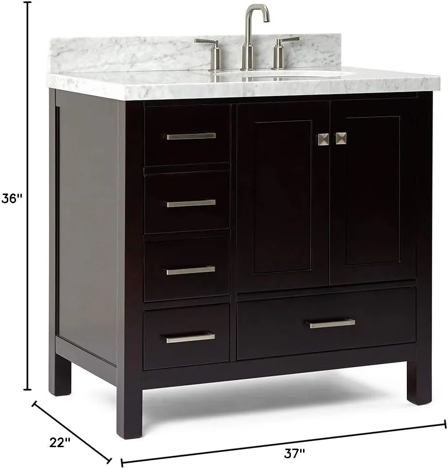 ARIEL 37" Espresso Bathroom Vanity with 1.5" Edge Italian Carrara Marble Countertop & Backsplash, Right Oval Sink, 2 Soft Closing Doors, 5 Full Extension Dovetail Drawers, Brushed Nickel