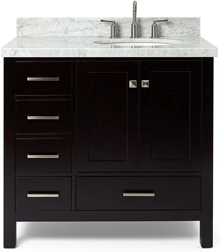 ARIEL 37" Espresso Bathroom Vanity with 1.5" Edge Italian Carrara Marble Countertop & Backsplash, Right Oval Sink, 2 Soft Closing Doors, 5 Full Extension Dovetail Drawers, Brushed Nickel