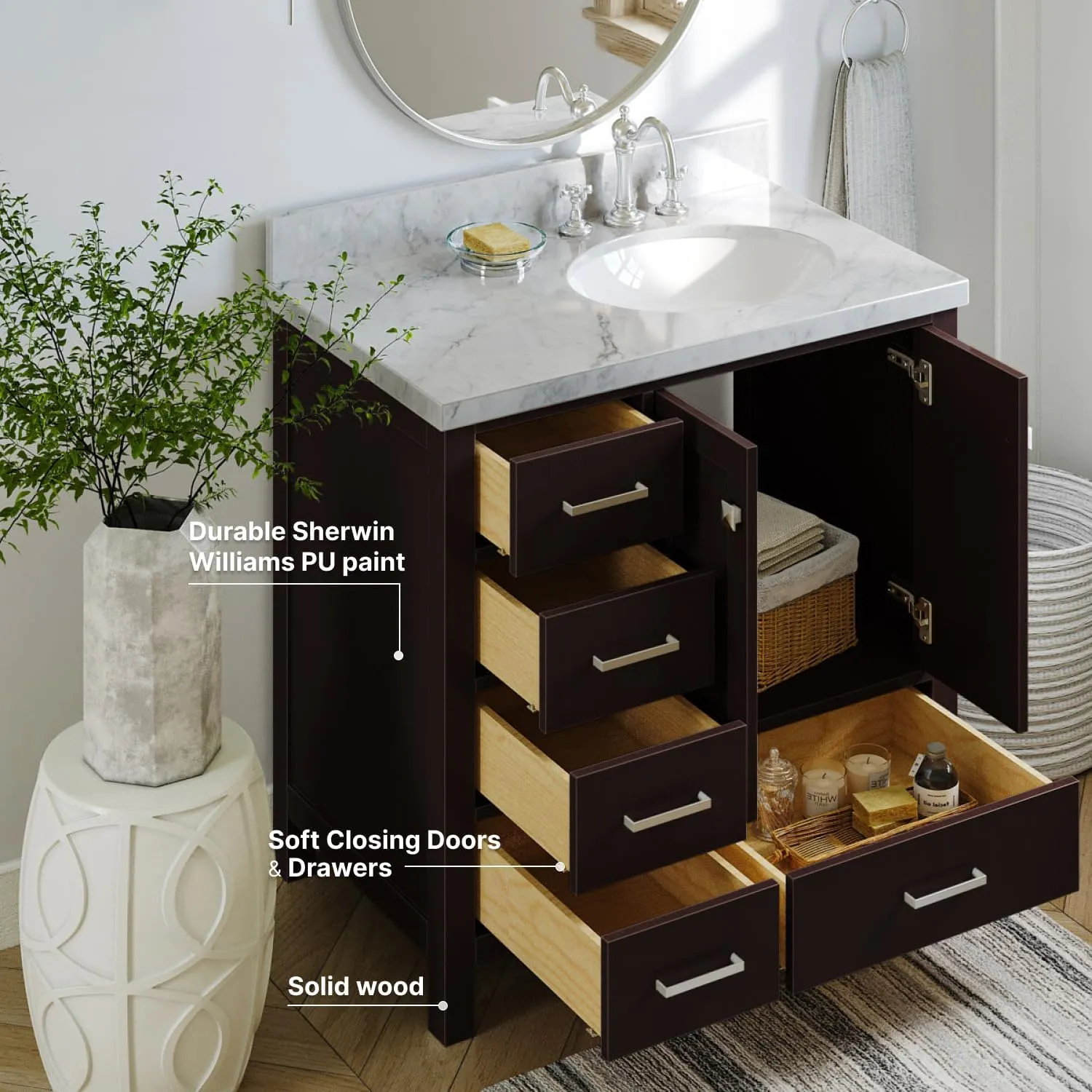 ARIEL 37" Espresso Bathroom Vanity with 1.5" Edge Italian Carrara Marble Countertop & Backsplash, Right Oval Sink, 2 Soft Closing Doors, 5 Full Extension Dovetail Drawers, Brushed Nickel