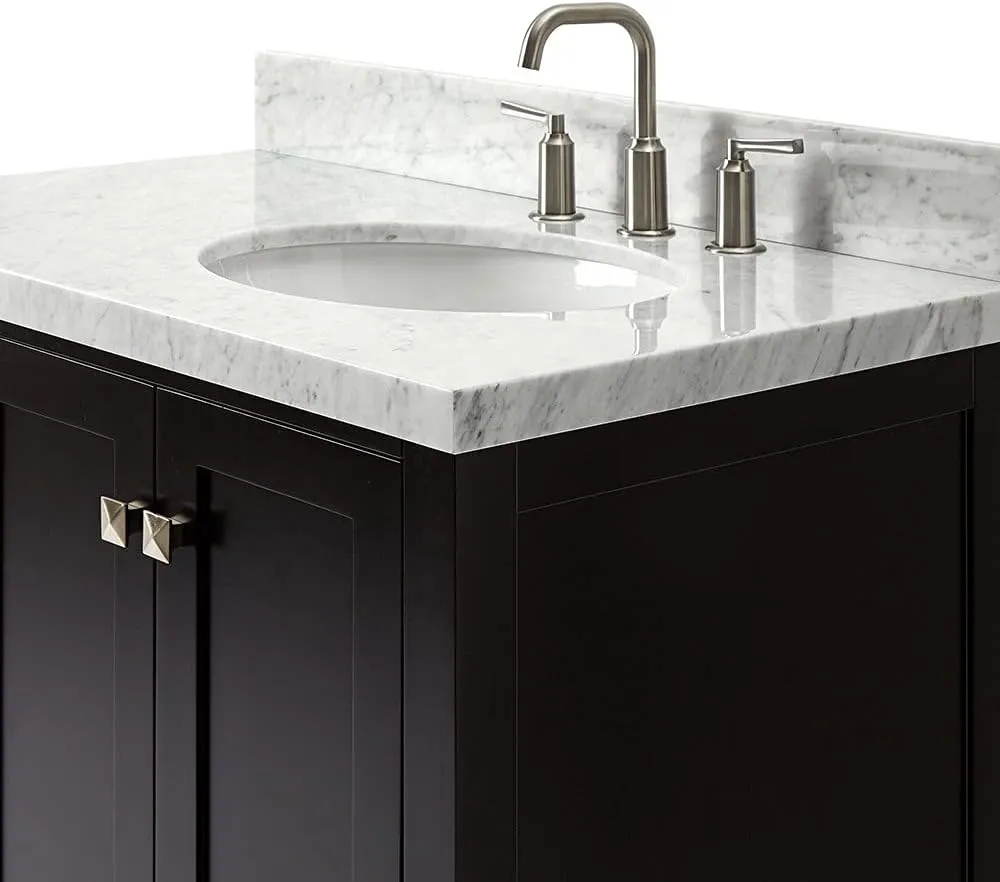 ARIEL 37" Espresso Bathroom Vanity with 1.5" Edge Italian Carrara Marble Countertop & Backsplash, Right Oval Sink, 2 Soft Closing Doors, 5 Full Extension Dovetail Drawers, Brushed Nickel