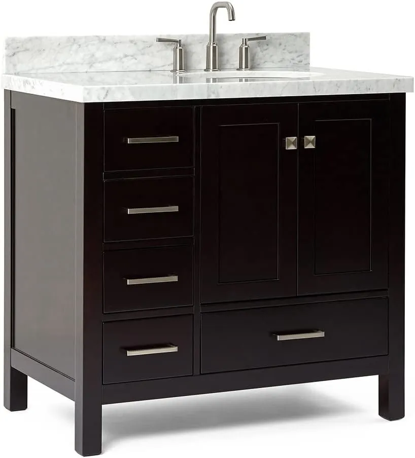 ARIEL 37" Espresso Bathroom Vanity with 1.5" Edge Italian Carrara Marble Countertop & Backsplash, Right Oval Sink, 2 Soft Closing Doors, 5 Full Extension Dovetail Drawers, Brushed Nickel