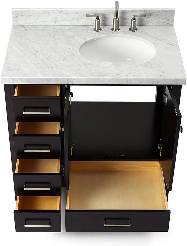 ARIEL 37" Espresso Bathroom Vanity with 1.5" Edge Italian Carrara Marble Countertop & Backsplash, Right Oval Sink, 2 Soft Closing Doors, 5 Full Extension Dovetail Drawers, Brushed Nickel