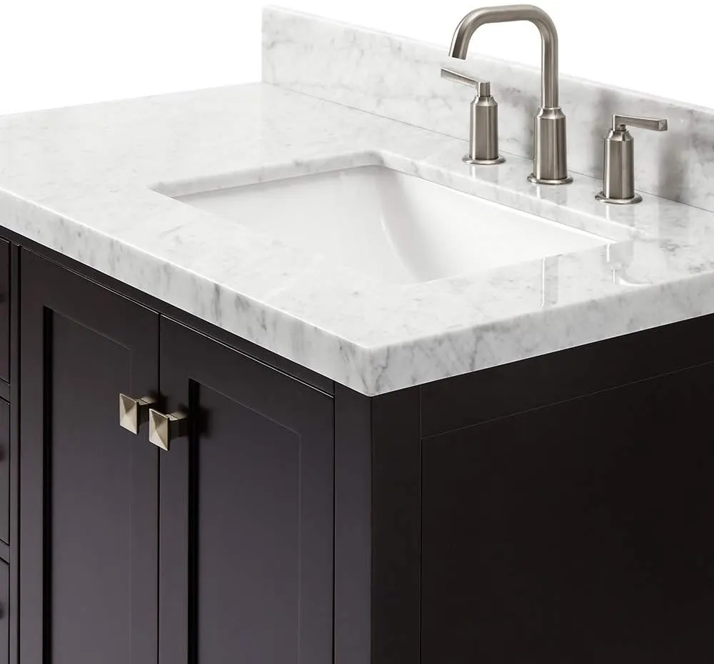 ARIEL 37" Espresso Bathroom Vanity with 1.5" Edge Italian Carrara Marble Countertop & Splash, Right Rectangular Sink, 2 Soft Closing Doors, 5 Full Extension Dovetail Drawers, Brushed Nickel
