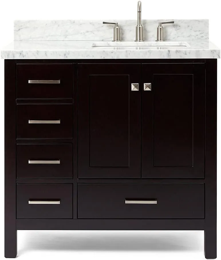 ARIEL 37" Espresso Bathroom Vanity with 1.5" Edge Italian Carrara Marble Countertop & Splash, Right Rectangular Sink, 2 Soft Closing Doors, 5 Full Extension Dovetail Drawers, Brushed Nickel